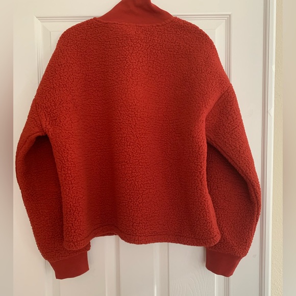 Banana Republic Sherpa Sweater Brick Red Color Neck Zipper Side Pockets Women L - Picture 2 of 7